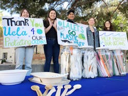 UCLA students gather for an announcement about the university's plans to phase out single-use plastics in food service. UCLA students gather for an announcement about the university's plans to phase out single-use plastics in food service.