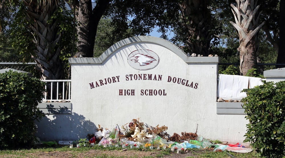 Memorial display outside of Marjory Stoneman Douglas High School
