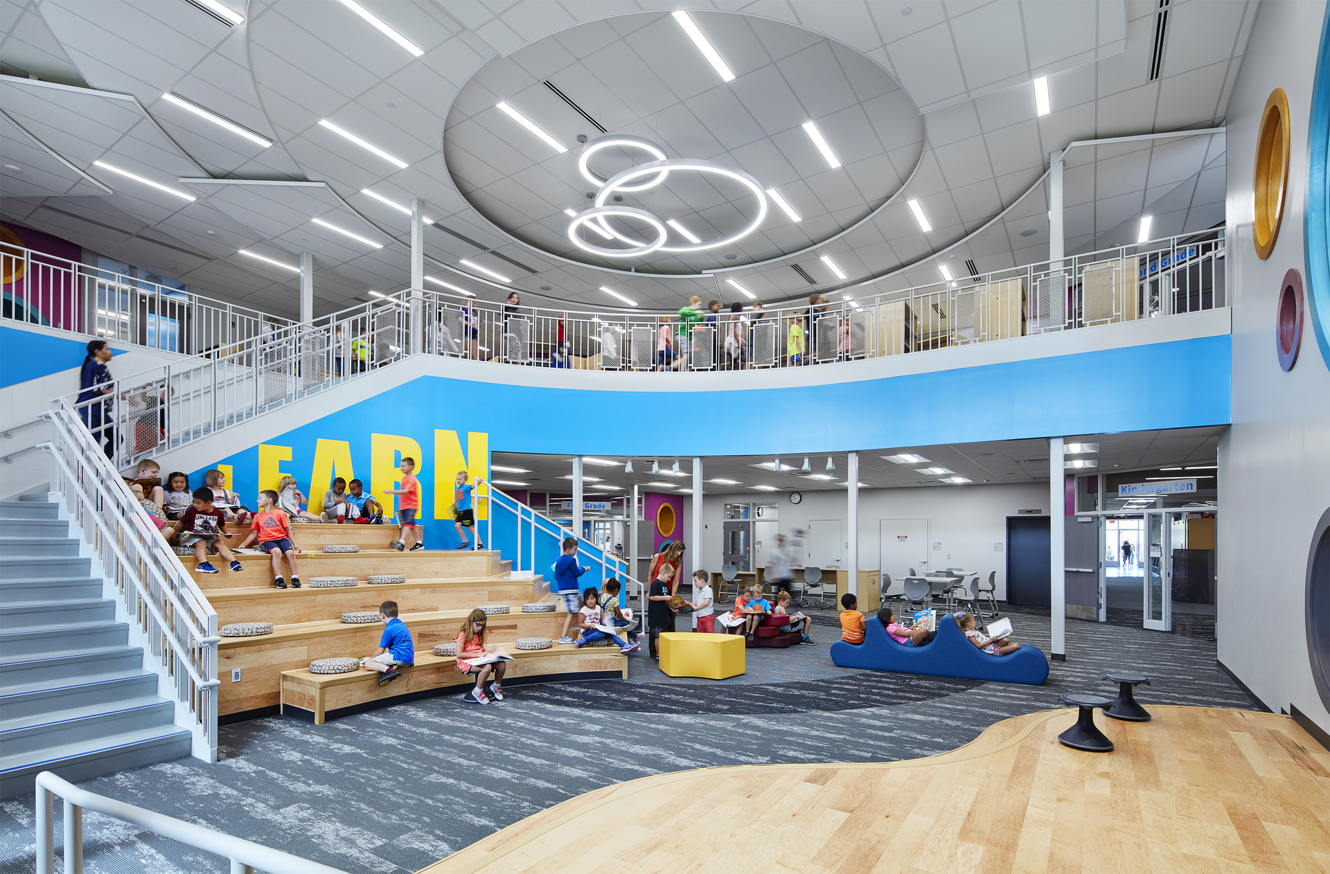 Centerview Elementary in Blaine, Minn., has a learning stair and other flexible furnishings for student use.