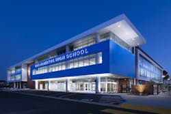 The newly opened $52 million STEM Building at Los Alamitos High School serves as the new campus gateway. The newly opened $52 million STEM Building at Los Alamitos High School serves as the new campus gateway.
