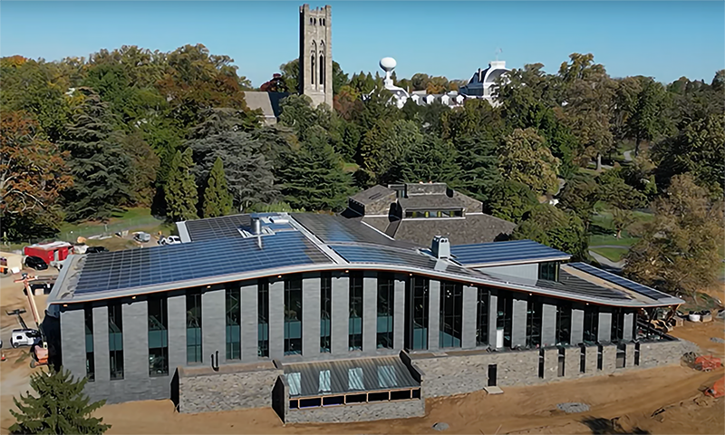 Solar panels line the roof of the newly built Dining Center at Swarthmore College.