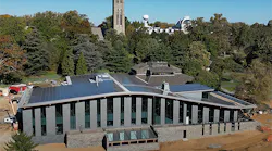 Solar panels line the roof of the newly built Dining Center at Swarthmore College.