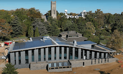 Solar panels line the roof of the newly built Dining Center at Swarthmore College.