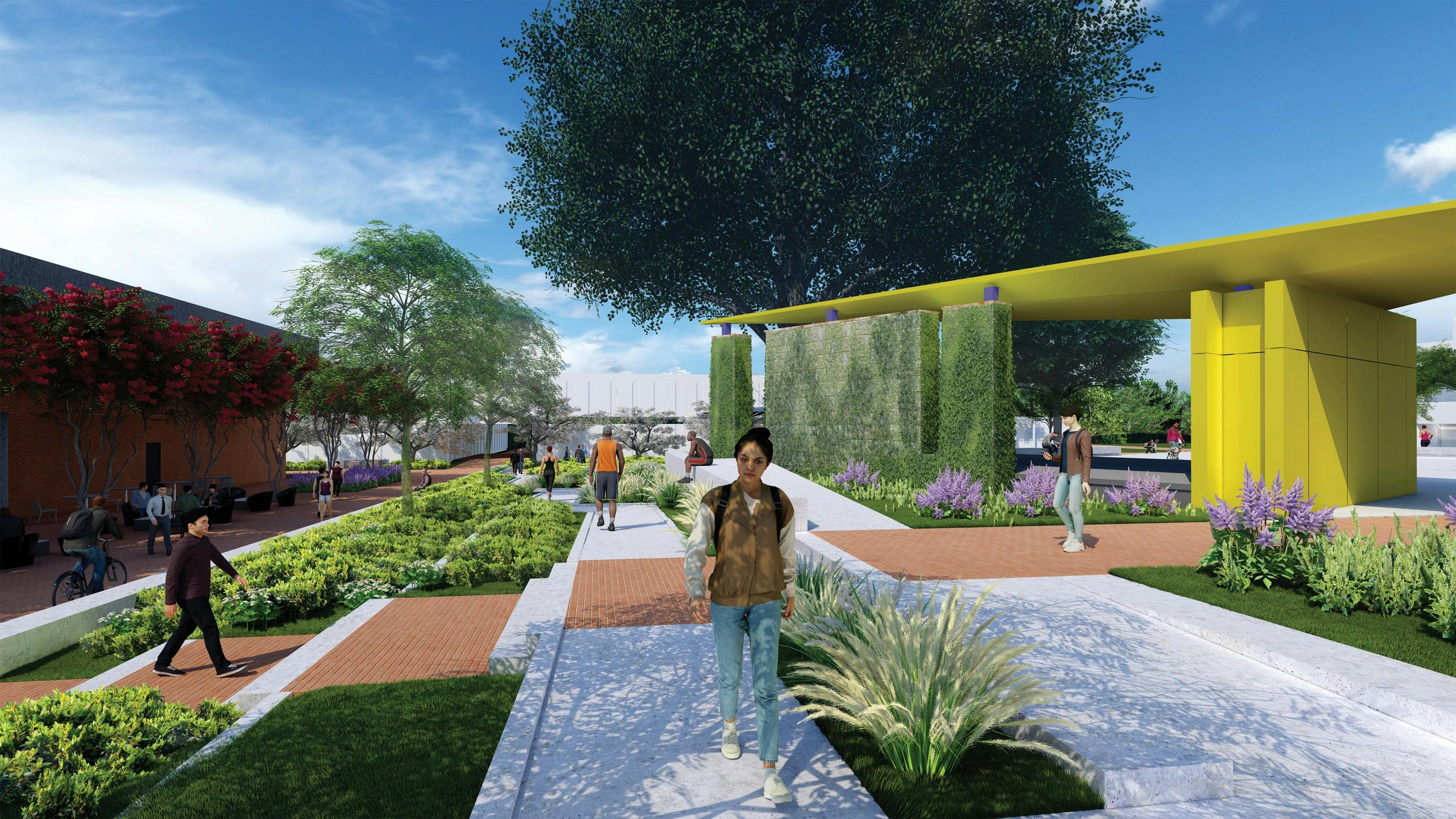 A new sloped walk introduces full accessibility to traverse the Quad with stepped plantings to temporarily hold storm water and slowly filter through the stepped gardens to control runoff.