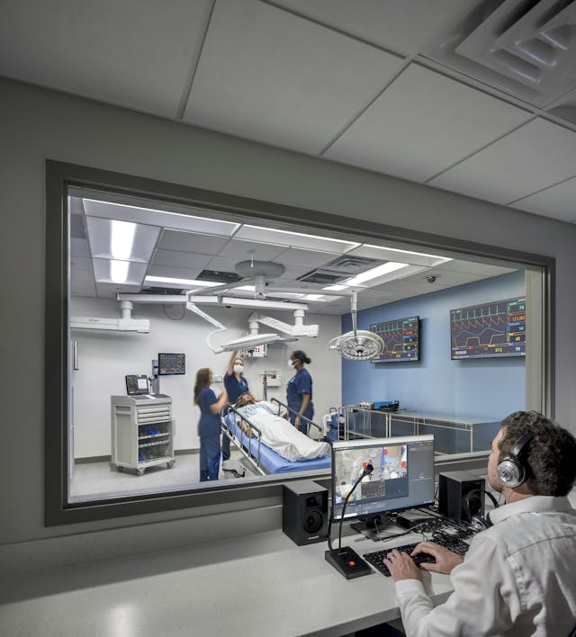 Audio-visual systems designed for high-fidelity simulation spaces were installed at the Emory Nursing Learning Center to replicate medical procedures.