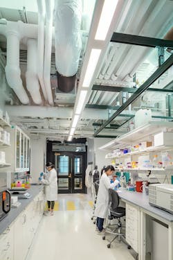 Lab buildings like this one on a Cambridge, Massachusetts, research campus, with their heavy demands on air flow and energy use, play a key role in how campuses are targeting greenhouse gas emission reductions.