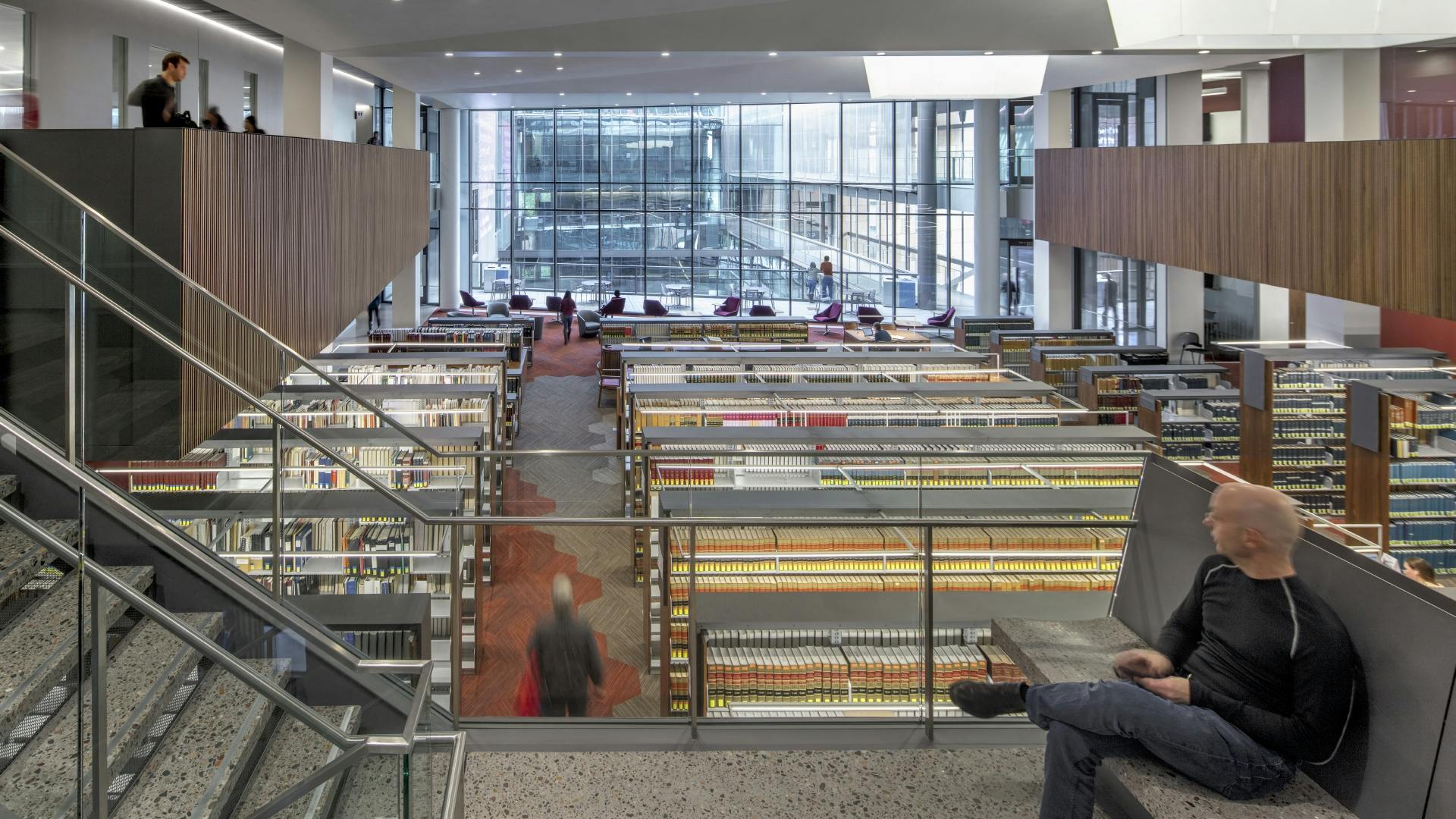 The library at Arizona State University's Beus Center for Law and Society is without boundaries, spread among the public spaces on the lower floors of the building.