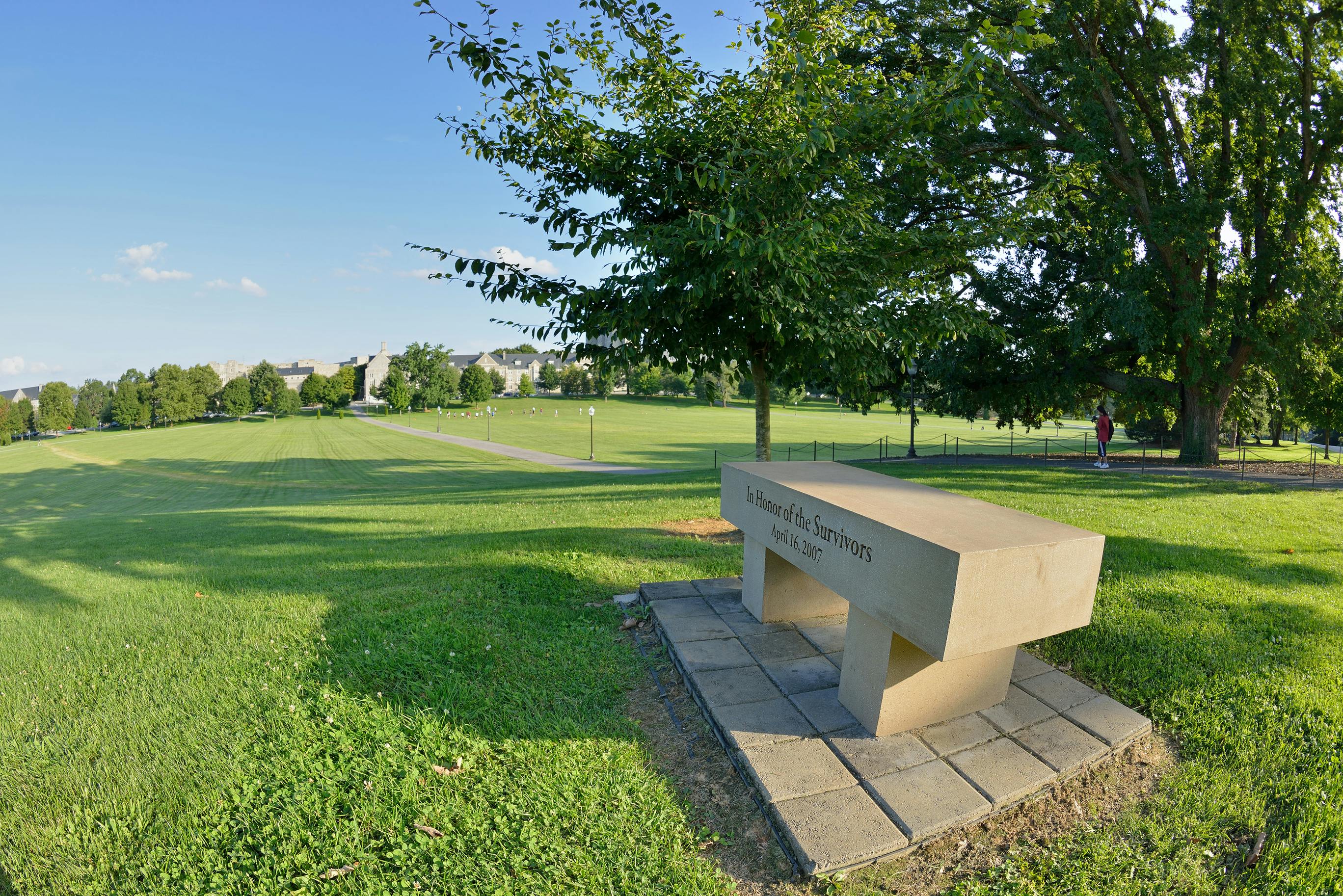A bench memorial on the Virginia Tech campus in Blacksburg honors the survivors of the April 2007 shooting at Virginia Tech that killed 32.
