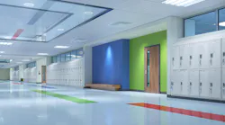 Resilient flooring is often chosen for school corridors.
