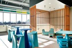 A variety of seating options at Peck K-8 Expeditionary Learning School creates a 'Panera-like' feel for students eating lunch, studying or socializing. A variety of seating options at Peck K-8 Expeditionary Learning School creates a 'Panera-like' feel for students eating lunch, studying or socializing.