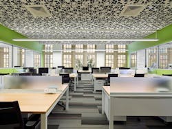 For the University of Pennsylvania Electrical and Systems Engineering Department, an outdated warren of offices was modified into open and efficient lab space. A dynamic perforated metal ceiling system provides acoustical absorption and visual interest. For the University of Pennsylvania Electrical and Systems Engineering Department, an outdated warren of offices was modified into open and efficient lab space. A dynamic perforated metal ceiling system provides acoustical absorption and visual interest.