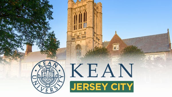 Kean University logo overlaid atop background image of historic campus building.
