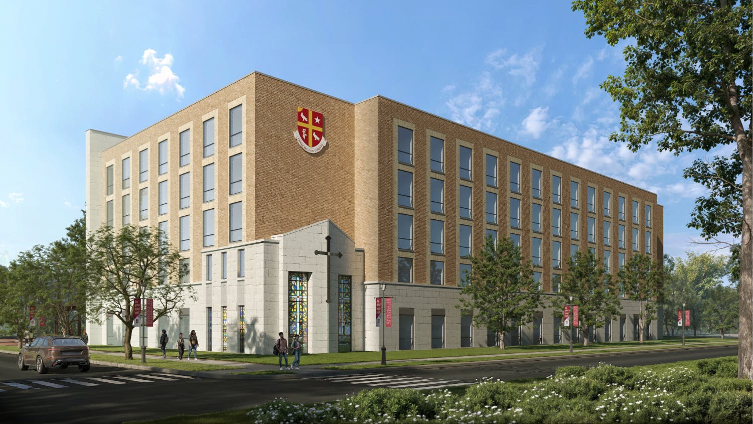 Exterior view of new student residence hall at University of St. Thomas in Houston