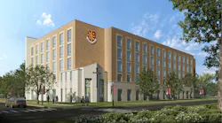 Exterior view of new student residence hall at University of St. Thomas in Houston