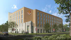 Exterior view of new student residence hall at University of St. Thomas in Houston