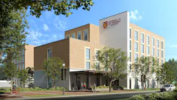 Exterior view of new student residence hall at University of St. Thomas in Houston