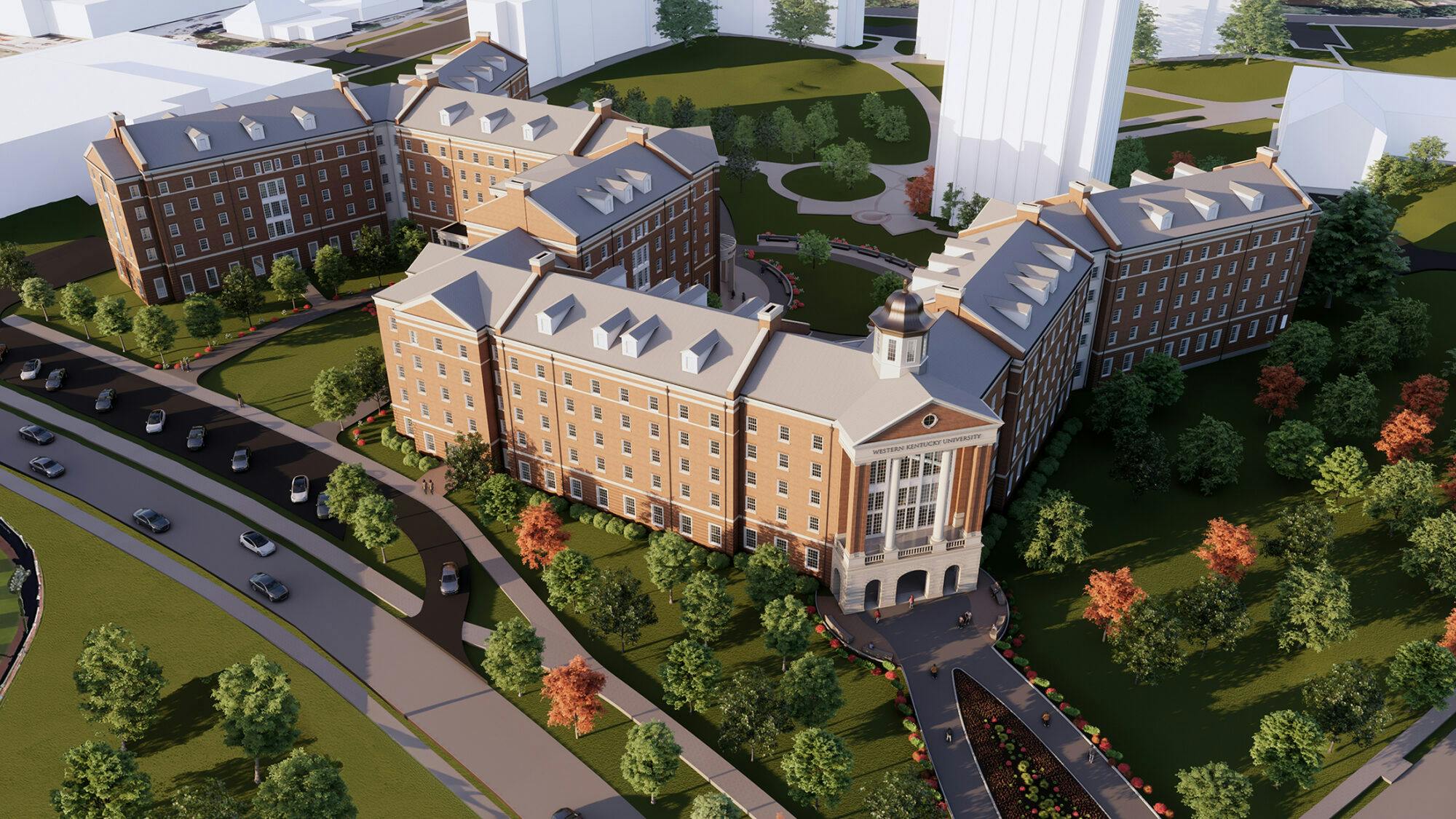 Aerial view rendering of proposed student housing at Western Kentucky University campus.
