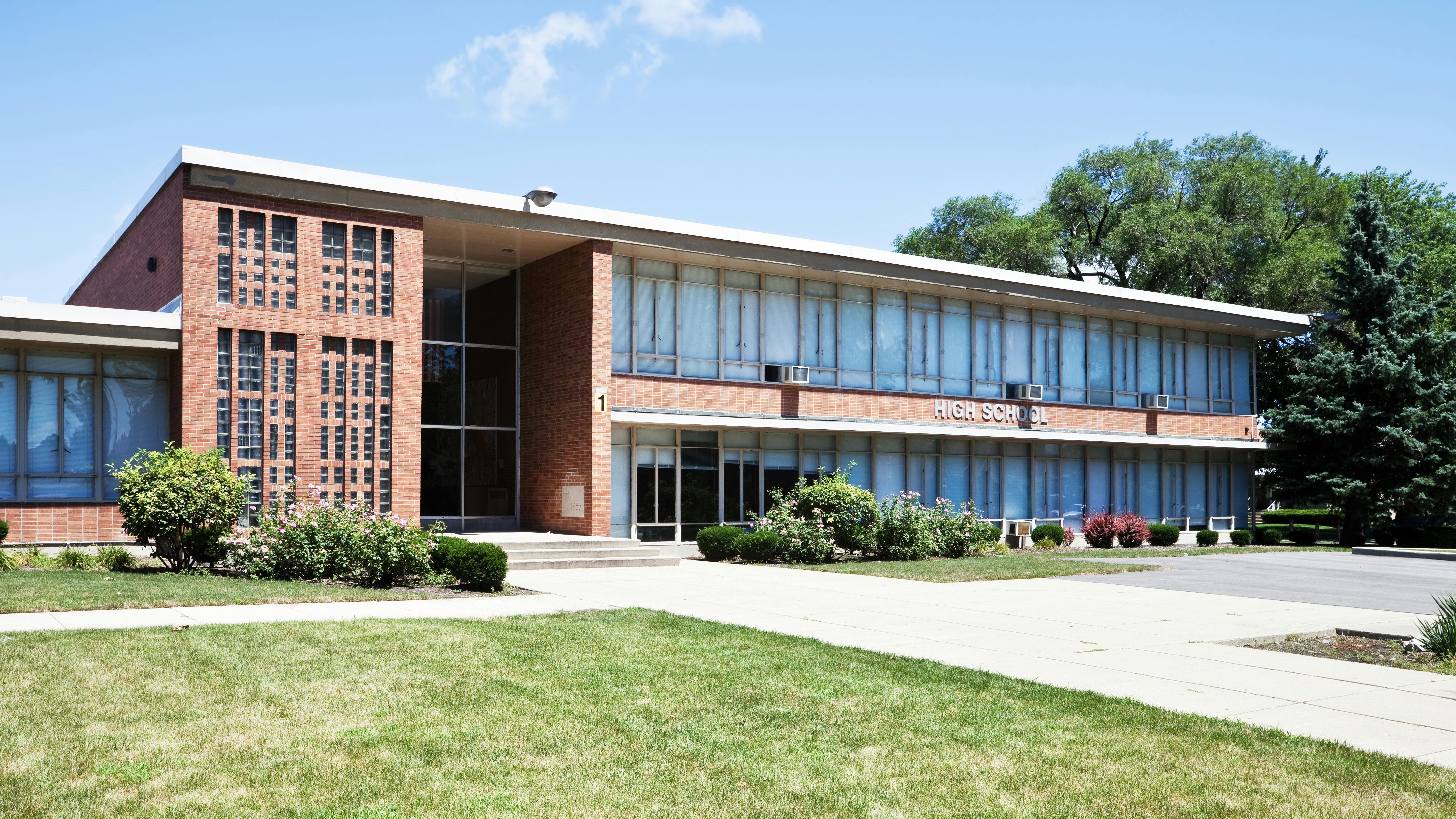 Exterior of 1960's era High School in Portage Park, Chicago