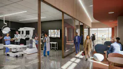 Rendering of the interior of new ASU Health building with people walking down corridor between medical lab space and lounge area.