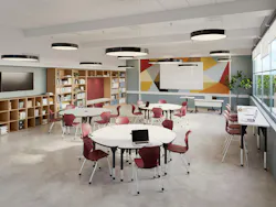 Seating and desks arranged for cooperative tasks and for individual instruction or testing.