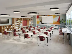 Seating and desks arranged for cooperative tasks and for individual instruction or testing.