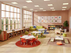 an early learning environment features storage bins along the perimeter, allowing the teacher to maintain line of sight on small charges and providing the children with consistent places to stow learning materials. Cushioned cube seating establishes a windowed corner for quiet time while remaining portable for alternative arrangements