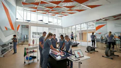 A group of medical students surrounding digital screen of human body with students on exercise equipment in the background.