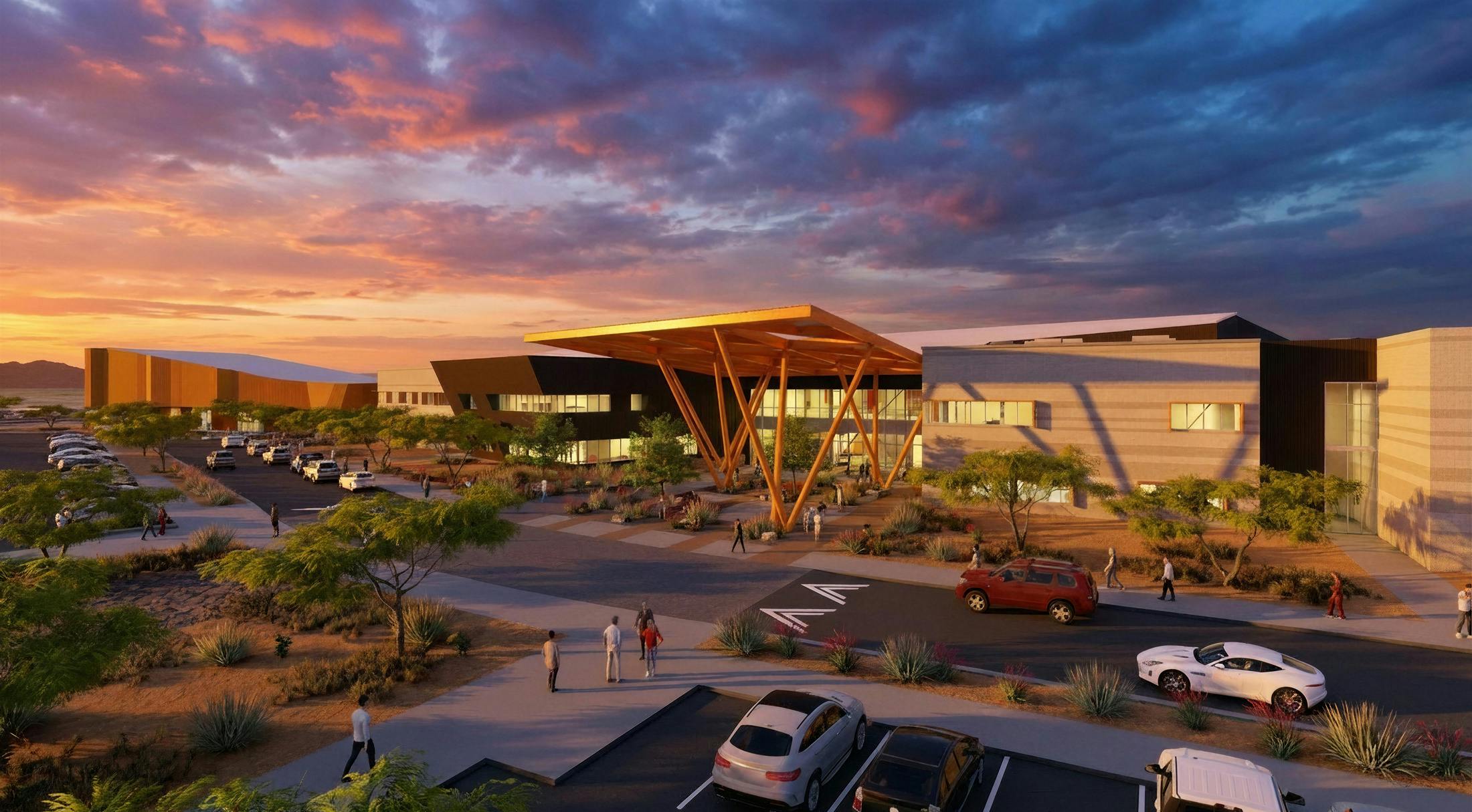 Rendering of exterior of new 250,000-sq-ft West-MEC technical education campus at dusk.