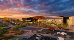 Rendering of exterior of new 250,000-sq-ft West-MEC technical education campus at dusk.