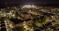Aerial view of campus at Dayton University at night