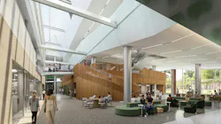 Interior of physical sciences complex communal spaces with skylights and lounge seating.
