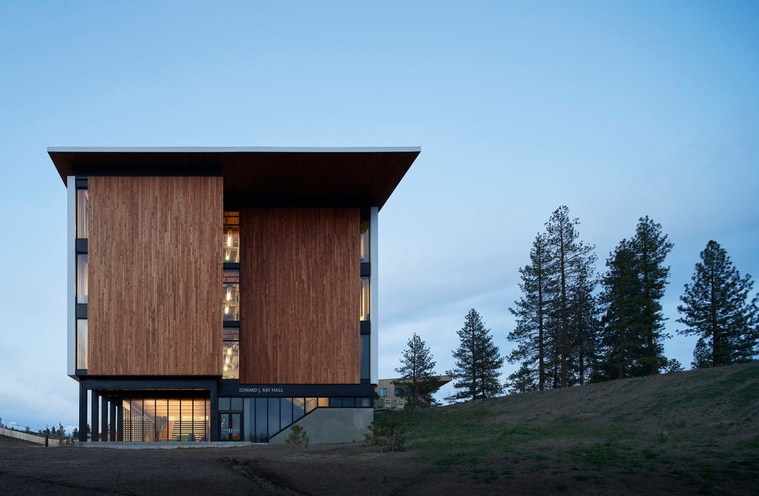 Exterior view of Oregon State University's Ray Hall at dusk