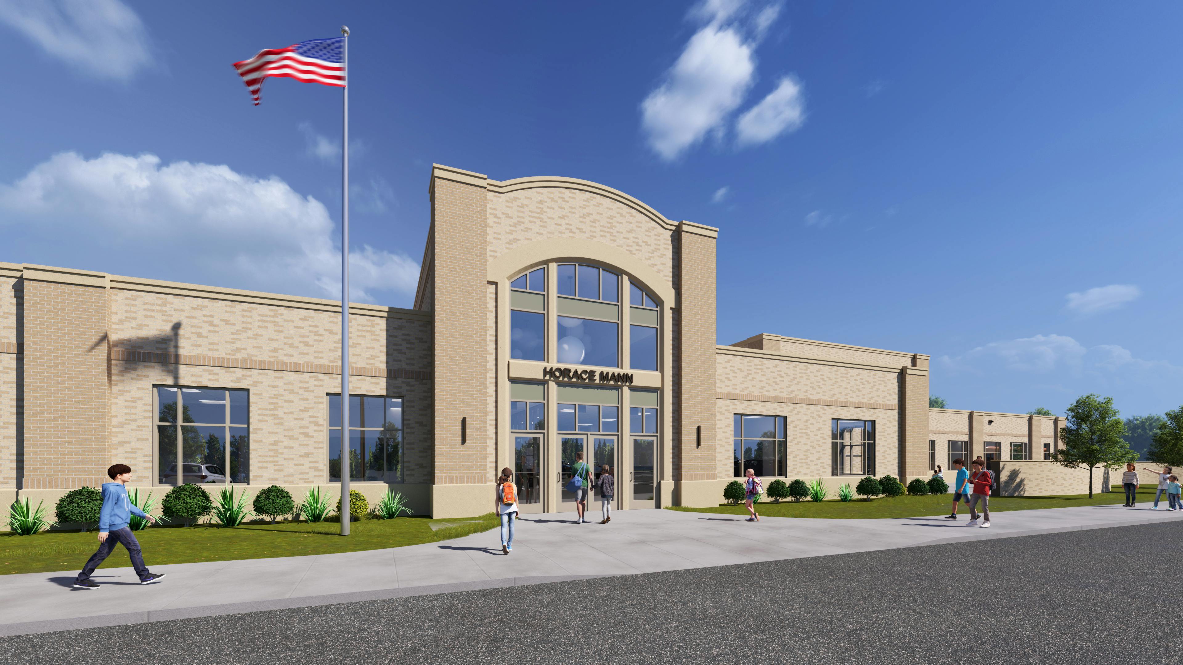 3D rendering of new elementary school in Fargo with several students walking outside building.