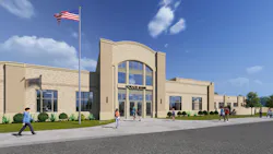 3D rendering of new elementary school in Fargo with several students walking outside building.