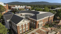 Aerial view of newly renovated historic McIntire School at UVA.