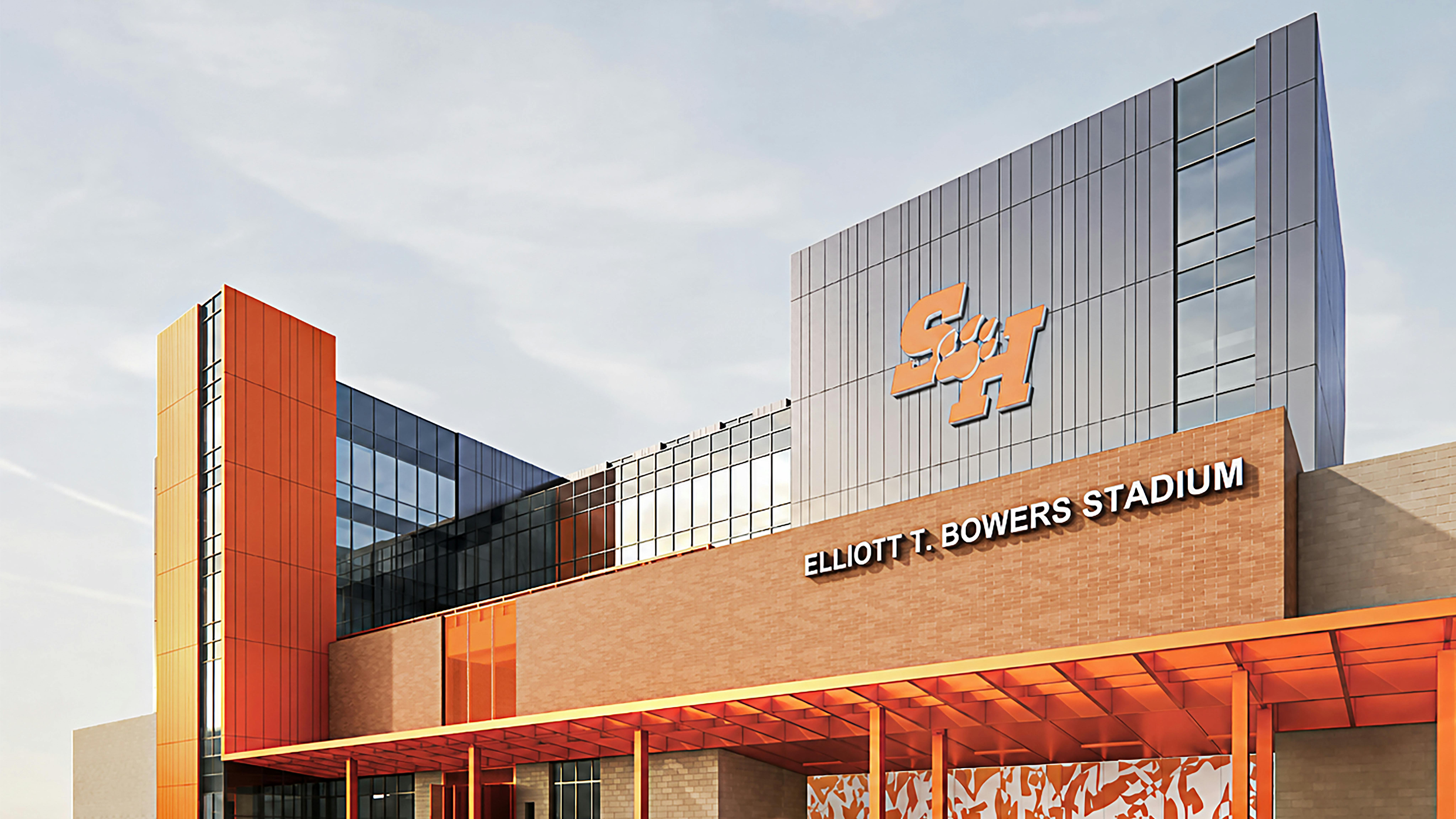 Rendering of exterior of newly renovated Sam Houston State University Elliott T. Bowers Stadium.