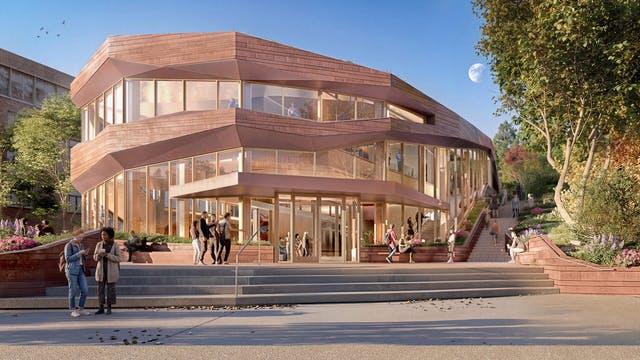 Computer-generated rendering of new Jewish life center with several students walking near entryway stairs.