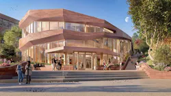 Computer-generated rendering of new Jewish life center with several students walking near entryway stairs.