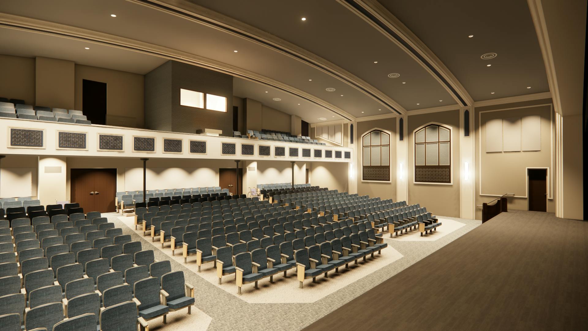 Rendering of interior of renovated high school auditorium.