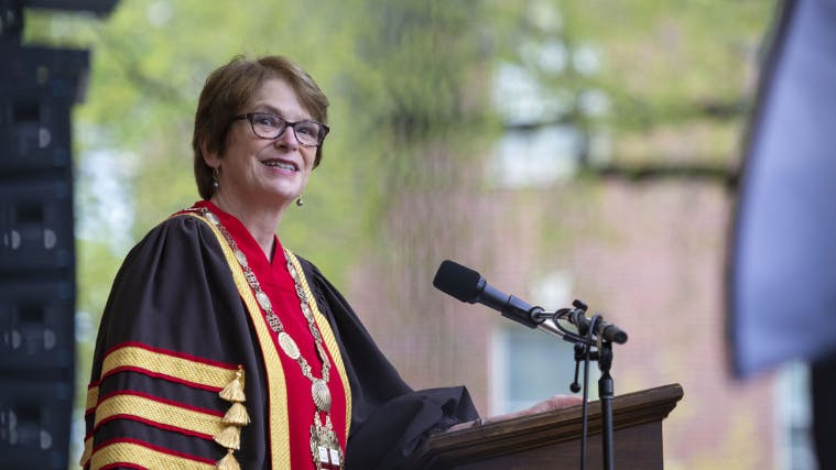 Photo of Brown University President Christina Paxson at graduation commencement ceremony.