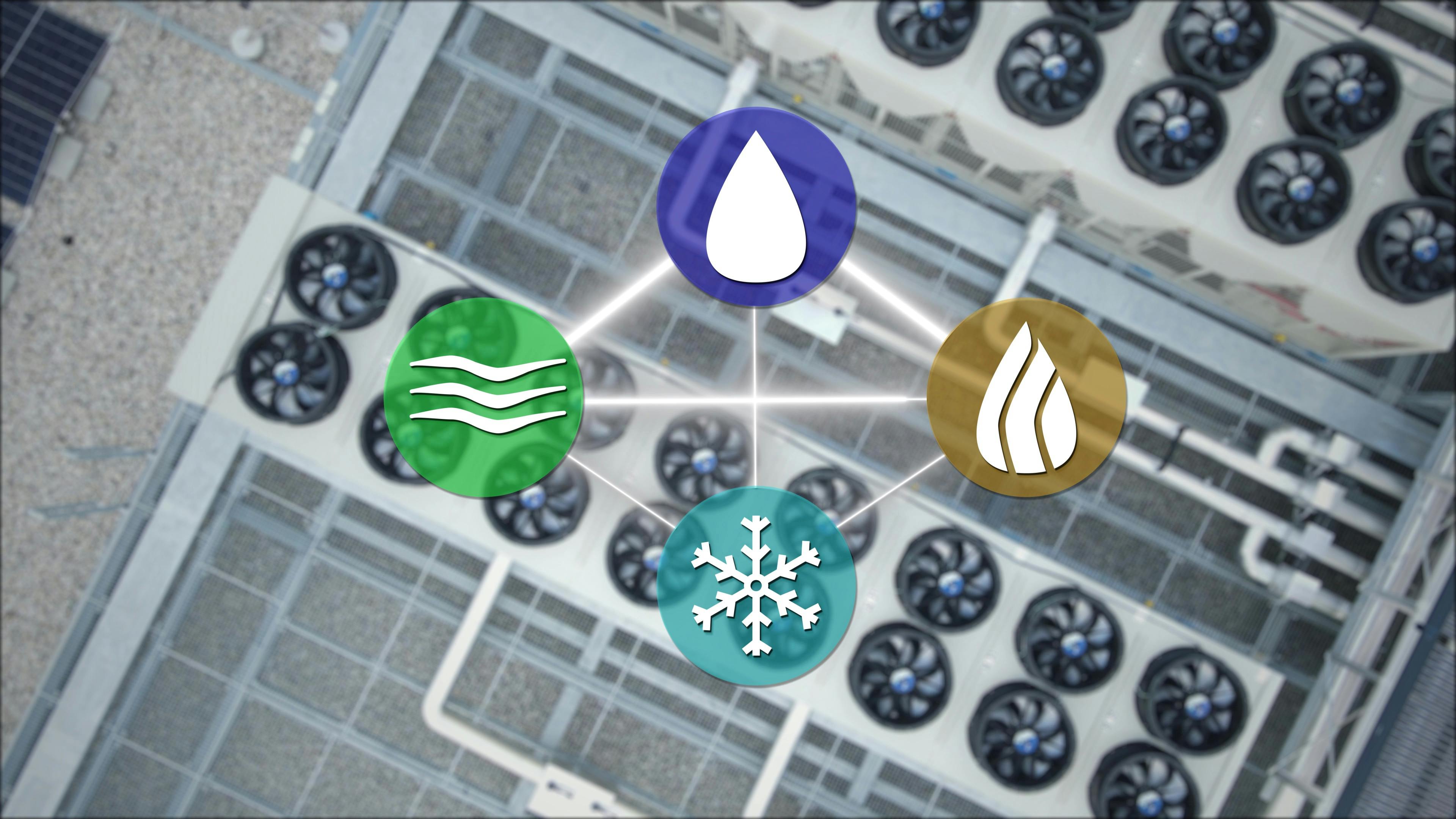 Icons for HVAC with blurred rooftop AC units in background.
