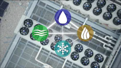 Icons for HVAC with blurred rooftop AC units in background.
