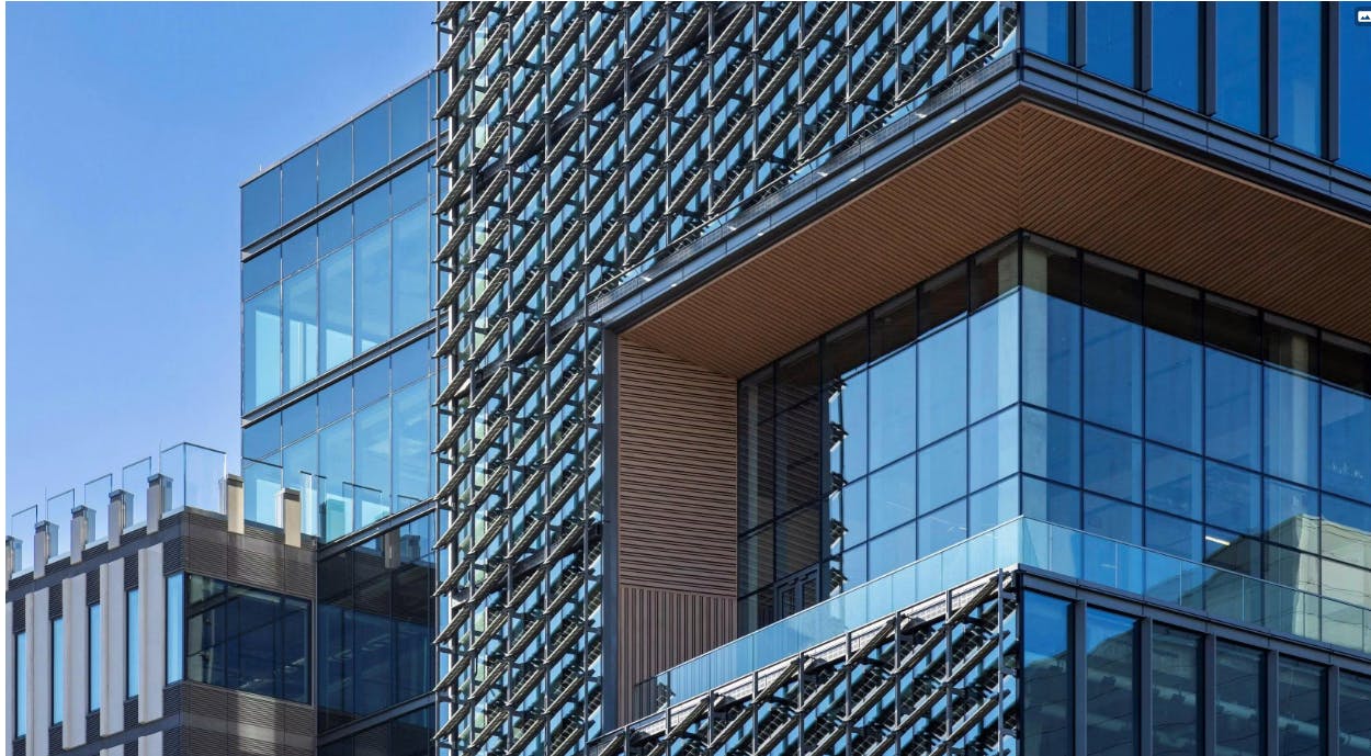 Exterior view of the Fuse building photovoltaic facade at George Mason University.