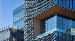 Exterior view of the Fuse building photovoltaic facade at George Mason University.