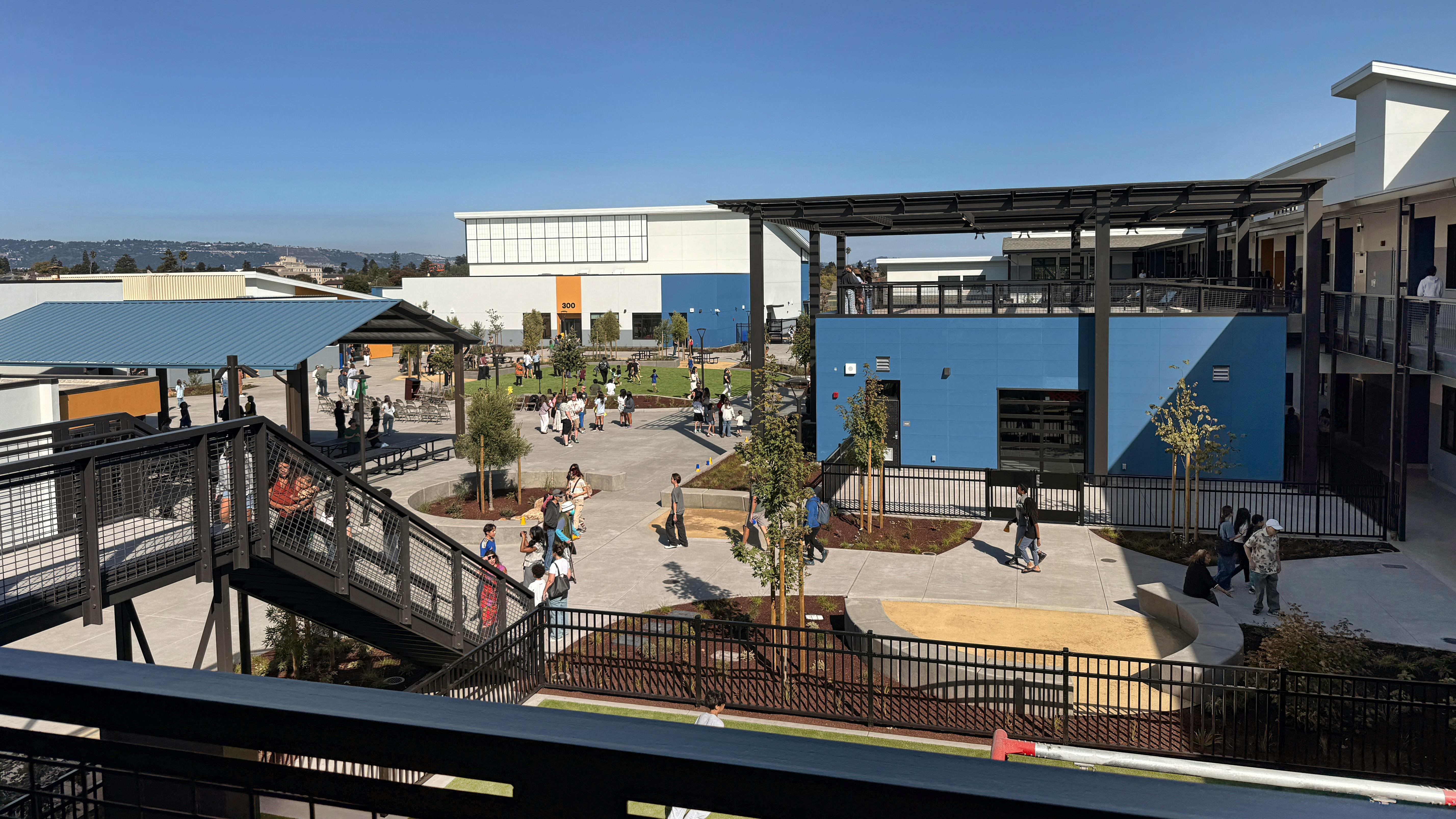 View of outdoor courtyard of new Alameda Wood Middle School.
