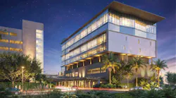 Rendering of new planned medical center at FIU in Miami at night.