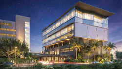 Rendering of new planned medical center at FIU in Miami at night.