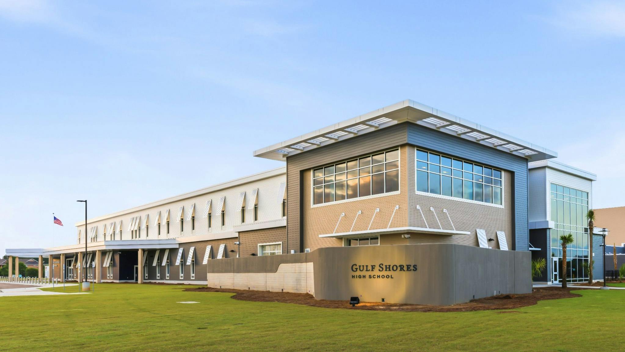 Rendering of exterior of new Gulf Shores High School.