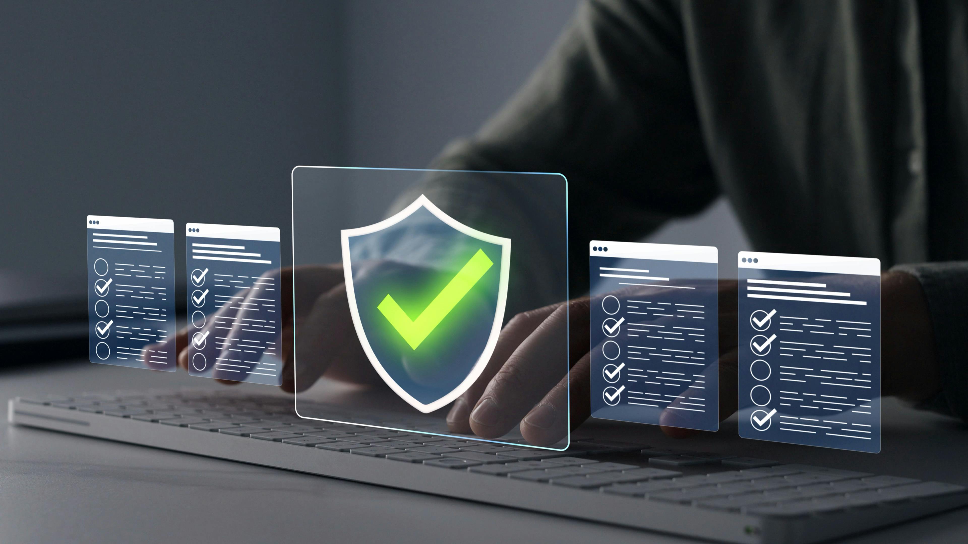Businessman in computer doing online data documentation checklist survey. Security shield symbol with green checkmark hovers in center.