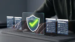 Businessman in computer doing online data documentation checklist survey. Security shield symbol with green checkmark hovers in center.
